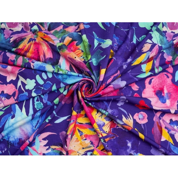 Minerva Exclusive Floret Flow Viscose Jersey Stretch Knit Fabric Blue, Multicoloured - per yard