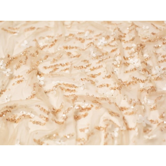 Minerva Core Range Larisa Beaded Lace Fabric, Bronze & Ivory Flowers Border Print for Bridal & Dressmaking, 54" Wide, By the Yard