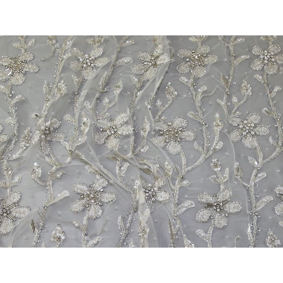 Minerva Meena Crystal Lace Fabric, Ivory Flower Print for Bridal Dressmaking, 16" Wide, By the Yard