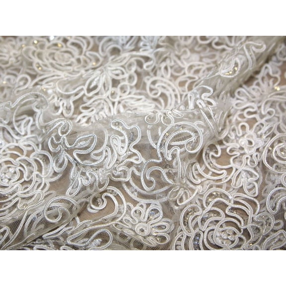 Minerva Samara Sequin Mesh Fabric, Ivory Flower Print for Bridal Dressmaking, 51" Wide, By the Yard