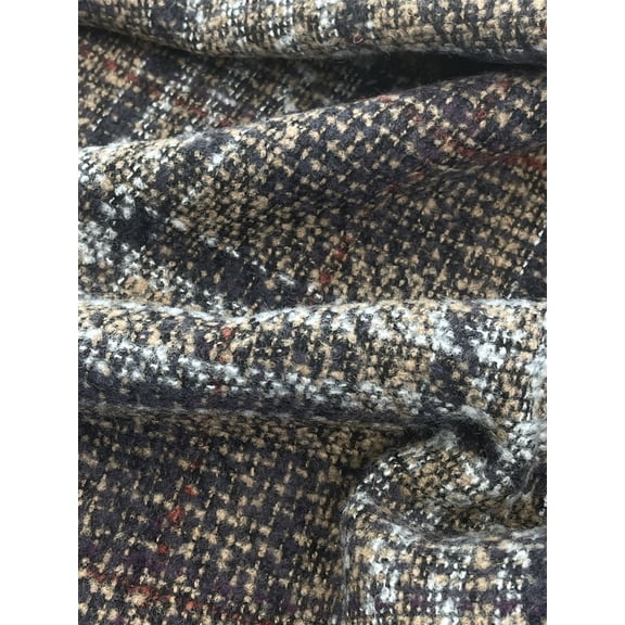 Minerva Wool Blend Coating Fabric, Tan Gray Multi Check Print for Dressmaking, 59" Wide, By the Yard