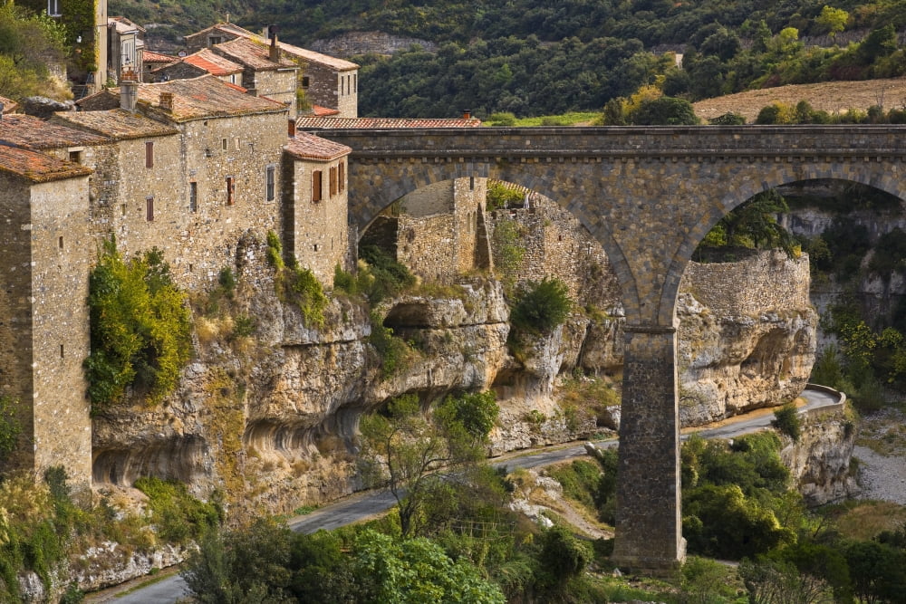 Minerve Village and the Bridge over the Valley of the River Cesse Languedoc-Roussillon France Canvas Art - George Munday Design Pics (38 x 24)