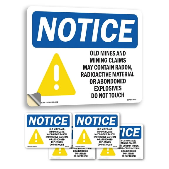 Mines And Mining Claim May Contain Radon OSHA Notice Vinyl Decal Label 14 Inch x 10 Inch - 5 Pack