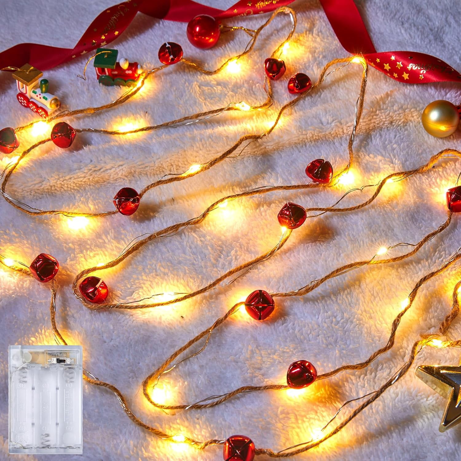 Minetom Christmas Hemp Rope Garland Lights with Bells,9.8 Ft 30 LEDs 14 ...