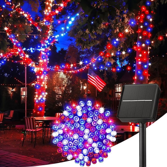 Minetom Red White Blue Lights, 2Pack Total 200 LED 80FT 4th of July Patriotic Lights 8 Modes, Waterproof Solar String Lights Outdoor,Solar String Lights for Outside Independence Day Memorial Day Decor