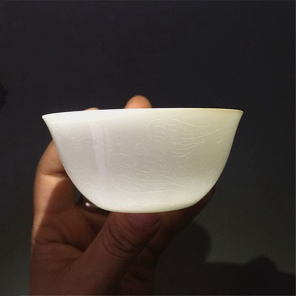 Ming Chenghua Style Sweet White Carved Tea Cup Handmade Vintage Porcelain Chinese Teacup Antique Replica Home Decor