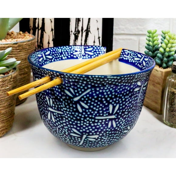Ming Style Tombo Dragonfly Ramen Noodles 5"D Soup Rice Bowl With Chopsticks Set