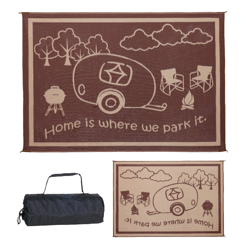 Ming's Mark Inc. 8 Ft. x 11 Ft. RV Home Outdoor Mat, "Home is Where We Park It", Brown/Beige