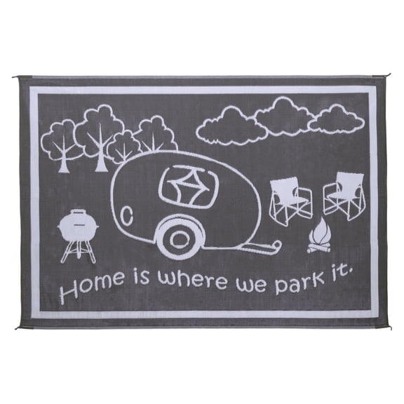 Ming’s Mark RV Home Outdoor Mat, “Home Is Where We Park It”, Black/White, 8’ x 11’, Reversible