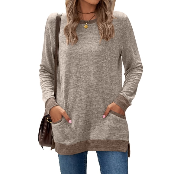 MingM Blouses for Women Long Sleeve Shirts Crewneck Casual Dressy Tunic Comfortable Tops,Khaki,L