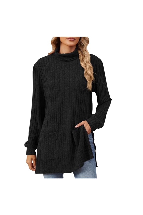 Lightweight Tunic Sweaters High Neck Fall Fahion 2025 Long Sleeve Shirts Side Slit Loose Pullover Sweaters,Black,L
