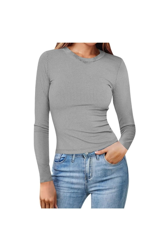 Long Sleeve Crop Tops for Women Basic Slim Fit T Shirts Fashion 2025 Y2k Blouses Fall Fashion Clothes ,Dark Gray,2XL