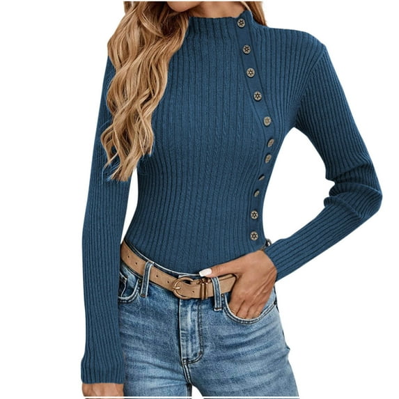 MingM Turtleneck Sweaters for Women Long Sleeve Button Down Fall Lightweight Sweaters Clothes ,Blue,S