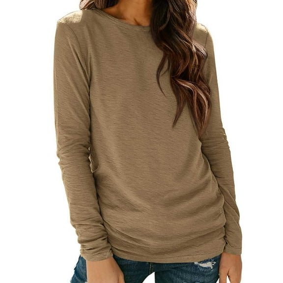 MingM Women's Solid Color T Shirts Long SLeeve Ultra Soft Fall Fashion Clothes Crewneck 2025 Outfits,Coffee,M