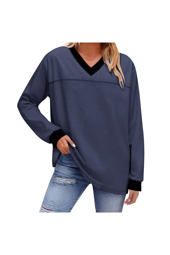 Womens Blouses Long Sleeve V Neck T Shirts Casual Oversized Color Block Tops Fall Fashion Clothes,Navy,L