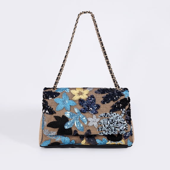 MingX Women Flip Large Capacity Orange Sequin Underarm Bag 2023 New Style Braided Chain Crossbody Border Shoulder Bag C17-23 (Dark Blue A)