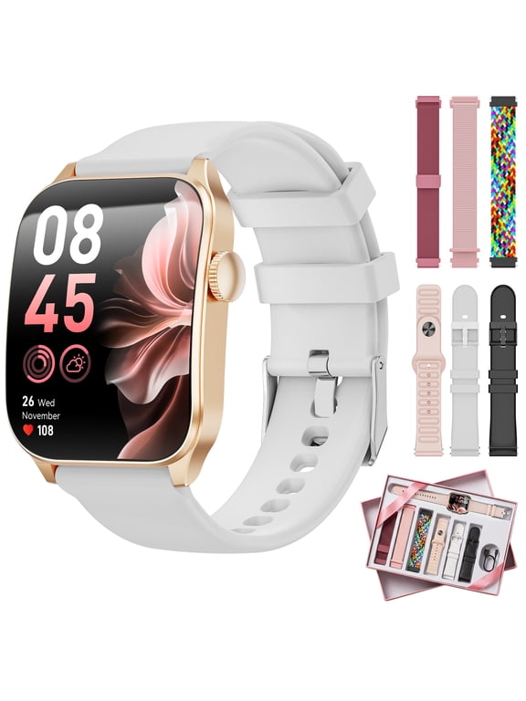 Women Smart Watch for Android Iphone(7 Bands Gift Set), 1.91 Screen IP68 Waterproof Fitness Tracker, Bluetooth Call AI Control,7-Day Battery, Gold