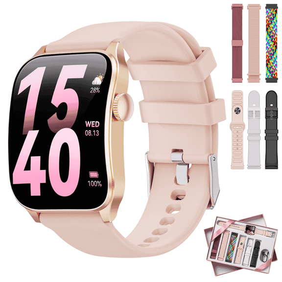Mingdaln Women Smart Watch for Android Iphone(7 Bands Gift Set), 1.91 Screen IP68 Waterproof Fitness Tracker, Bluetooth Call AI Control,7-Day Battery, Pink