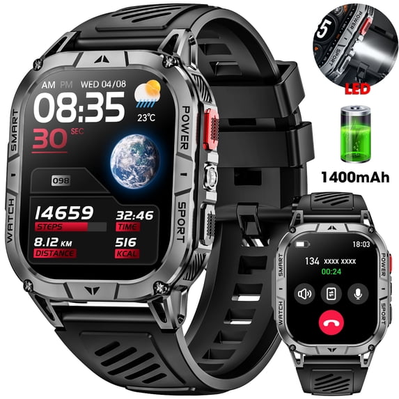Mingdaln 2.01" AMOLED Men Military Smart watch,with 1400 mAh Large Battery/ Answer Make Calls /100+ Sport Modes/IP68 Waterproof, Pedometer smartWatch fits for Android Iphone Devices (Black)