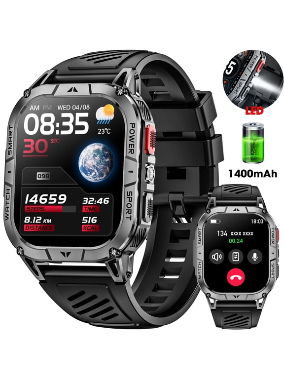 2.01" AMOLED Men Military Smart watch,with 1400 mAh Large Battery/ Answer Make Calls /100+ Sport Modes/IP68 Waterproof, Pedometer smartWatch fits for Android Iphone Devices (Black)