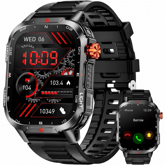 Mingdaln 2.01" HD Military Smart Watch, Bluetooth Calling/Flashlight & Compass /100+ Sport Modes/IP68 Waterproof, Outdoor Pedometer Watch for Android & iPhone (Black)