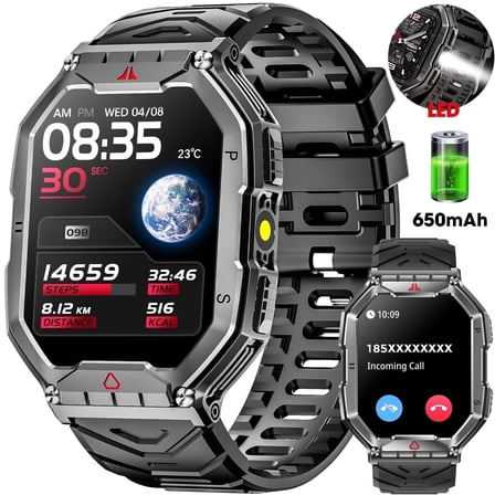 2.1"  AMOLED Men Military Smart watchwith Fitness Tracker/ Answer Make Calls /100+ Sport Modes/1ATM Waterproof, Mountain Travel Pedometer Watch fits for Android and Iphone Devices (Black)