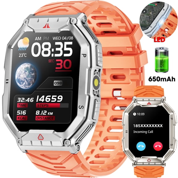Mingdaln 2.1-inch AMOLED Men Military Smartwatch，with Fitness Tracker/ Answer Make Calls /100+ Sport Modes/1ATM Waterproof, Mountain Travel Pedometer Watch fits for Android and Iphone Devices