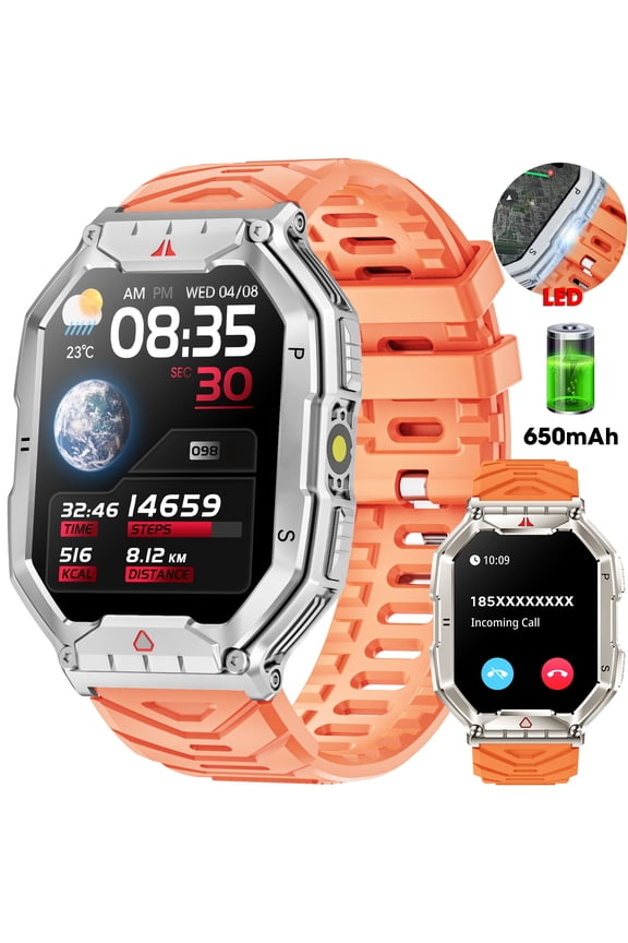 2.1-inch AMOLED Men Military Smartwatchwith Fitness Tracker/ Answer Make Calls /100+ Sport Modes/1ATM Waterproof, Mountain Travel Pedometer Watch fits for Android and Iphone Devices
