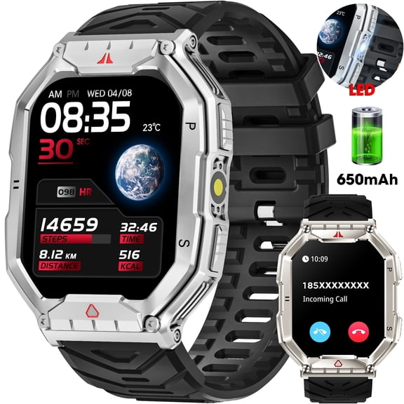 Mingdaln 2.1-inch AMOLED Men Military Smartwatch，with Fitness Tracker/ Answer Make Calls /100+ Sport Modes/1ATM Waterproof, Mountain Travel Pedometer Watch fits for Android and Iphone Devices