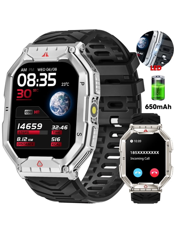 2.1-inch AMOLED Men Military Smartwatch，with Fitness Tracker/ Answer Make Calls /100+ Sport Modes/1ATM Waterproof, Mountain Travel Pedometer Watch fits for Android and Iphone Devices