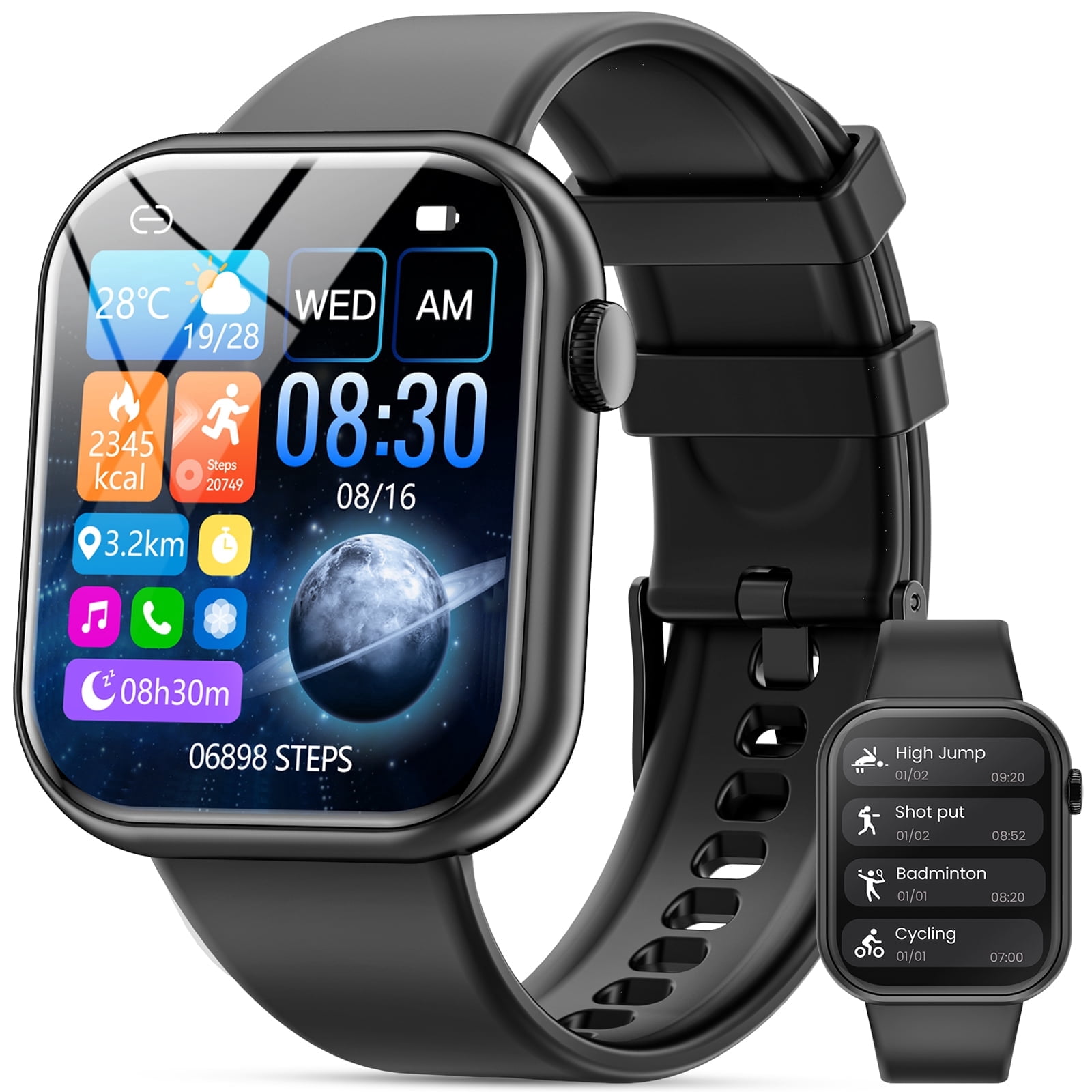 Mingdaln 1.85" HD Men Women's Smart watch，with Answer Make Calls/120+Sports Modes/10 Days Standby, IP68 Waterproof Fitness Tracker fits for Android Iphone Devices,perfect gift （ Black）