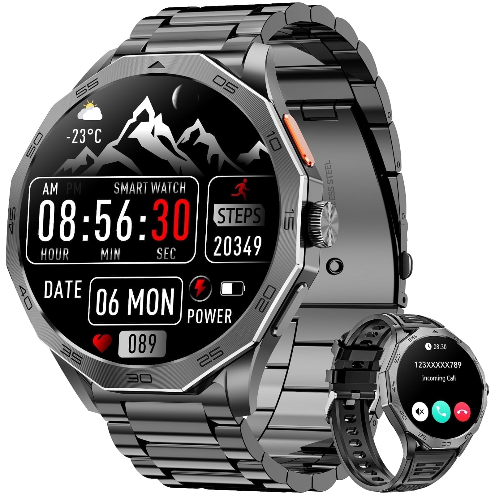 Mingdaln Men s 1 96 inch Outdoor Sports Smartwatch Call Support Answer Dial Heartbeat Tracking Fitness Tracker Android IOS Black Strap