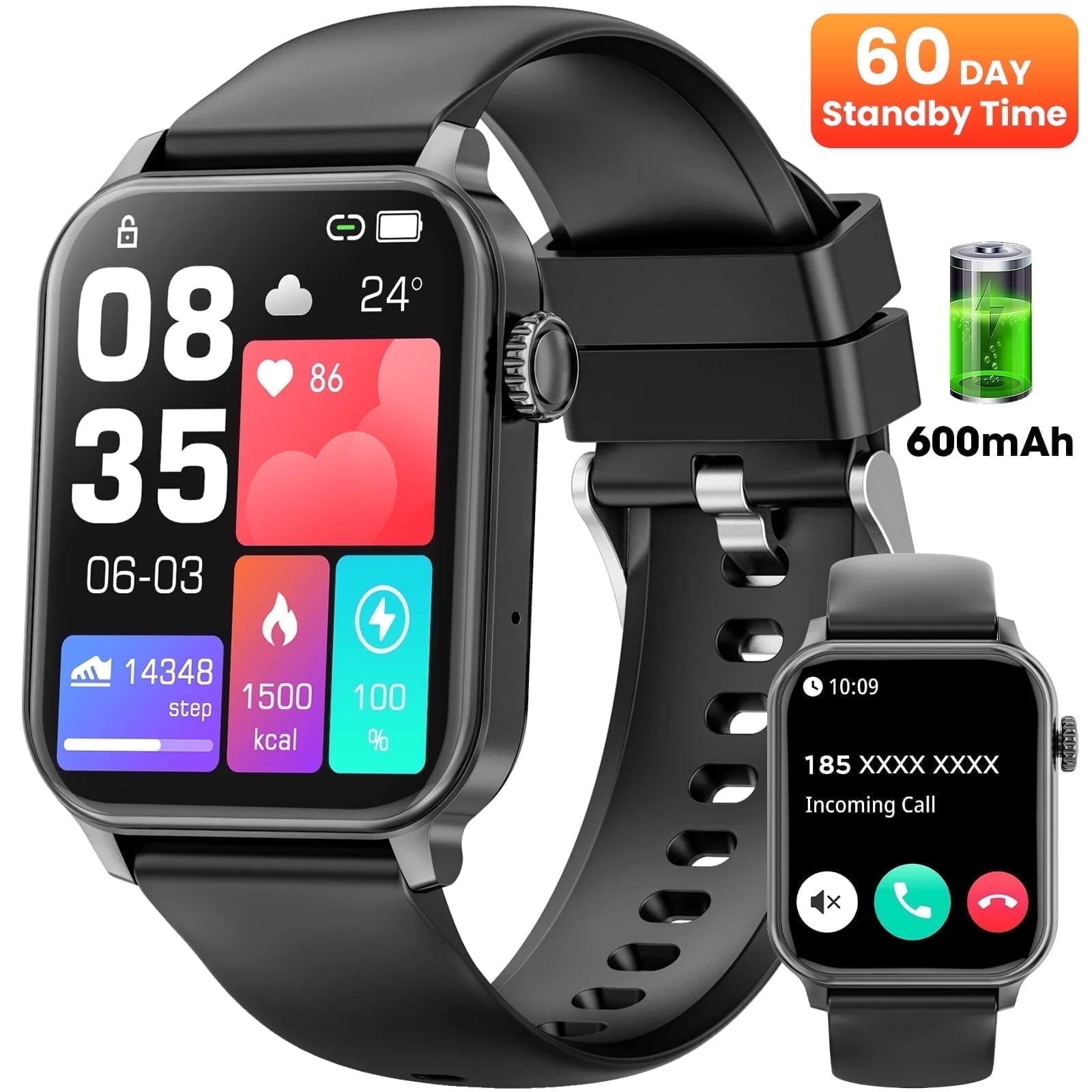 Mingdaln 2025 New Extra Long Battery Smartwatch 1.85-inch, (Receives/Dials/Standby Time 60 Days/120+ Sport Mode)fits for Android and iPhone Devices (Black)