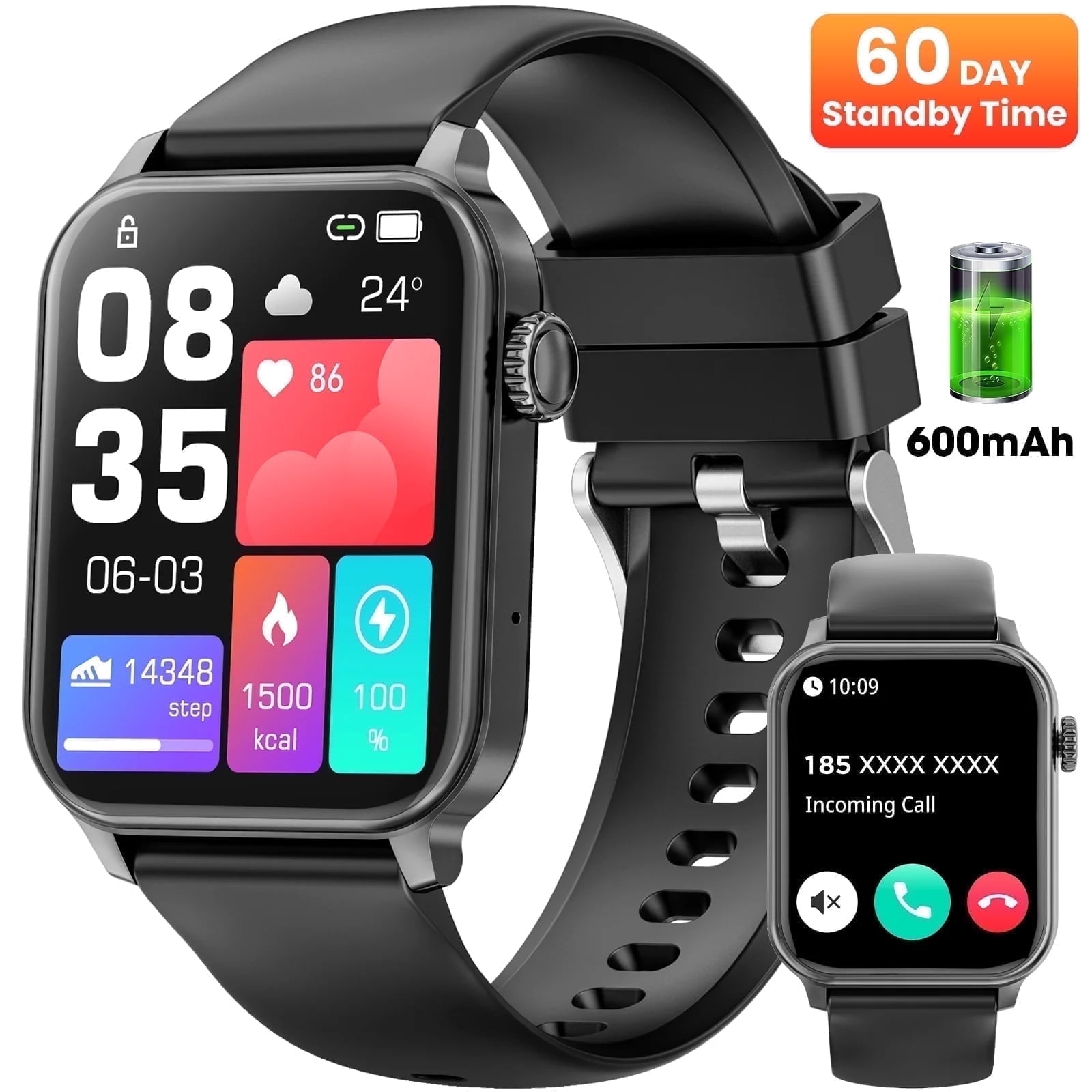 Mingdaln 46mm Extra Large Battery Smartwatch, (Answer Make Calls/Standby Time 60 Days/120+ Sport Mode)fits for Android and iPhone Devices,perfect gift (Black)