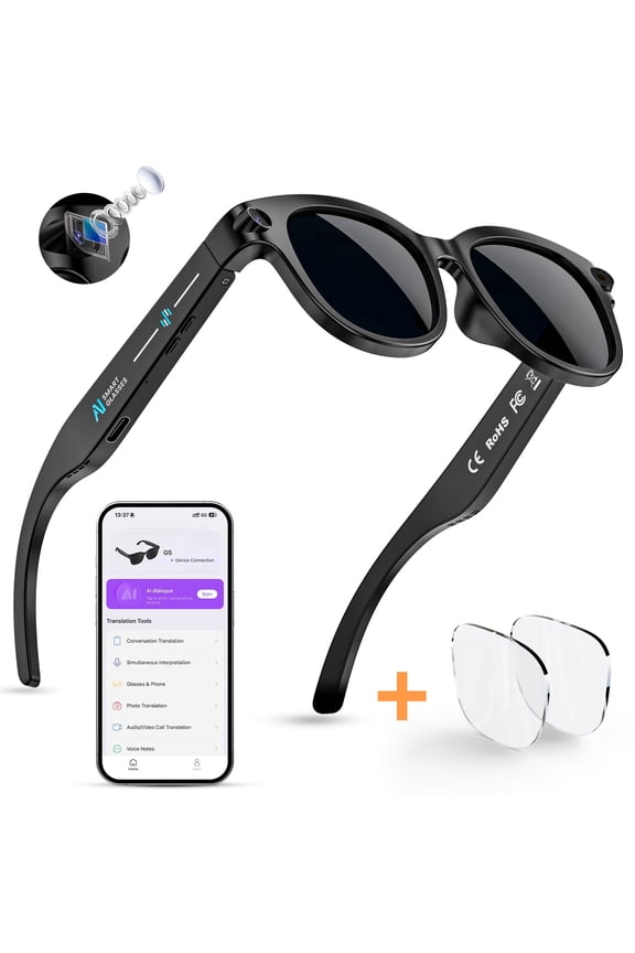 AI Smart Glasses, 2MP Camera & LED Flash, Record Video/Audio, Real-Time Translation, AI Assistant, Open-Ear Bluetooth Call Glasses for Men Women