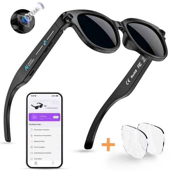 Mingdaln AI Smart Glasses, 2MP Camera & LED Flash, Record Video/Audio, Real-Time Translation, AI Assistant, Open-Ear Bluetooth Call Glasses for Men Women