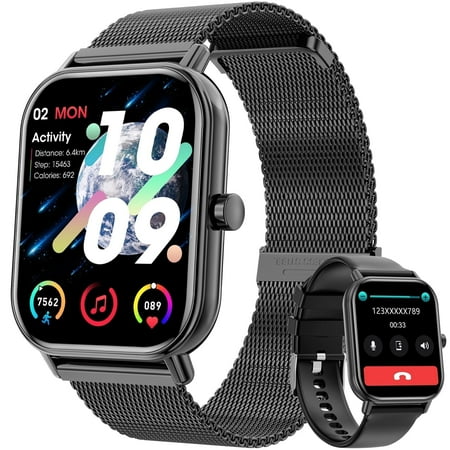 Mingdaln Smart Watch fits for Android and Iphone, IP68 Waterproof, Suitable for Women Men 100+Sports Modes 1.85 inch Fitness Tracker, with Answer/Make Calls/Message Reminder, (Two watch straps )