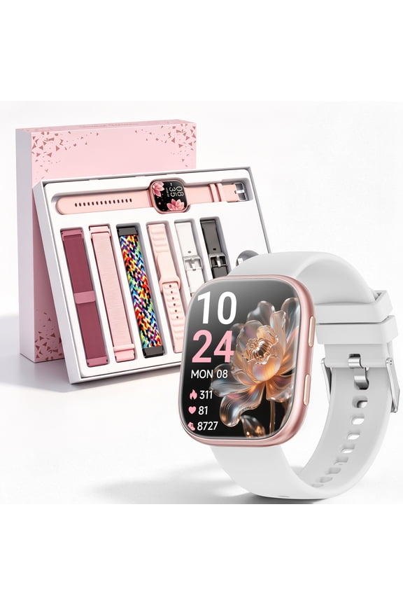 7 Bands Gift Set Smart Watches Fits for Android iPhone , [1.85" AMOLED Screen] Smartwatch for women，Fitness Tracker Ip68 Waterproof with Bluetooth Calls, AI Control, 7 Days Battery，Pink