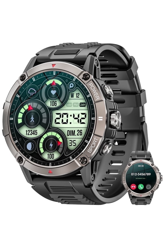 Military Smartwatch for menwith 120+ Sport Modes/ IP68 Waterproof , Rugged Fitness Tracker ,fits for Android and iPhone devicesBlack