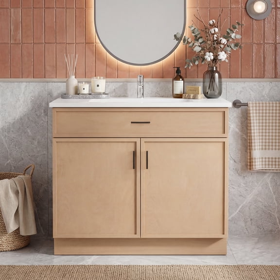 KZElegy 36" Vanity Cabinet with Sink MDF Restroom Vanity with Top,Freestanding Bathroom Sink Cabinet with Soft-closing Door,Brown