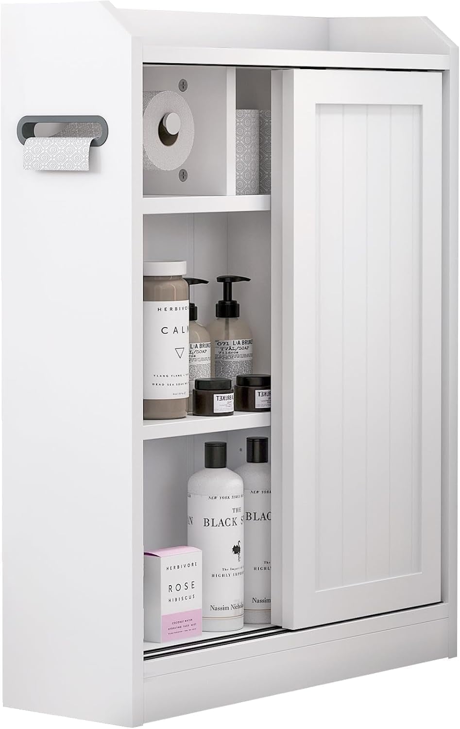 KZElegy Bathroom Cabinets Freestanding  Bathroom Storage Cabinets,Toilet Cabinets for Bathroom with Sliding Door and Toilet Paper Holder,Anti-Tilt Design,White,23in