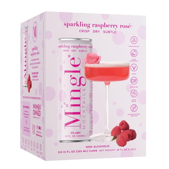 Mingle Mocktails Non-Alcoholic Sparkling Raspberry Rose Mocktail, 4 Pack, 12 fl oz Sleek Aluminum Cans, 0.00% ABV
