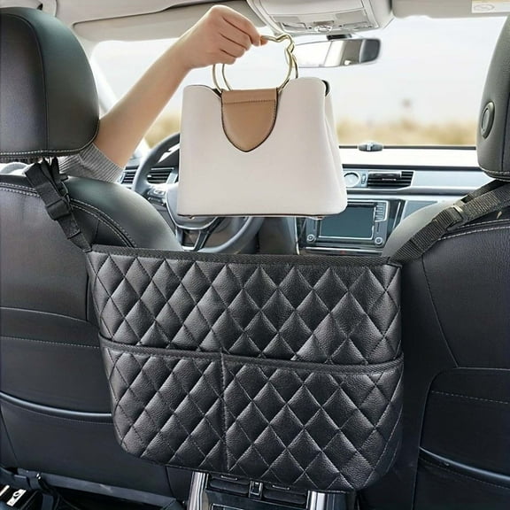 Mingsci 1pc Storage Bag PU Leather Car Middle Seat Storage Mesh Pocket Seat Back, Universal