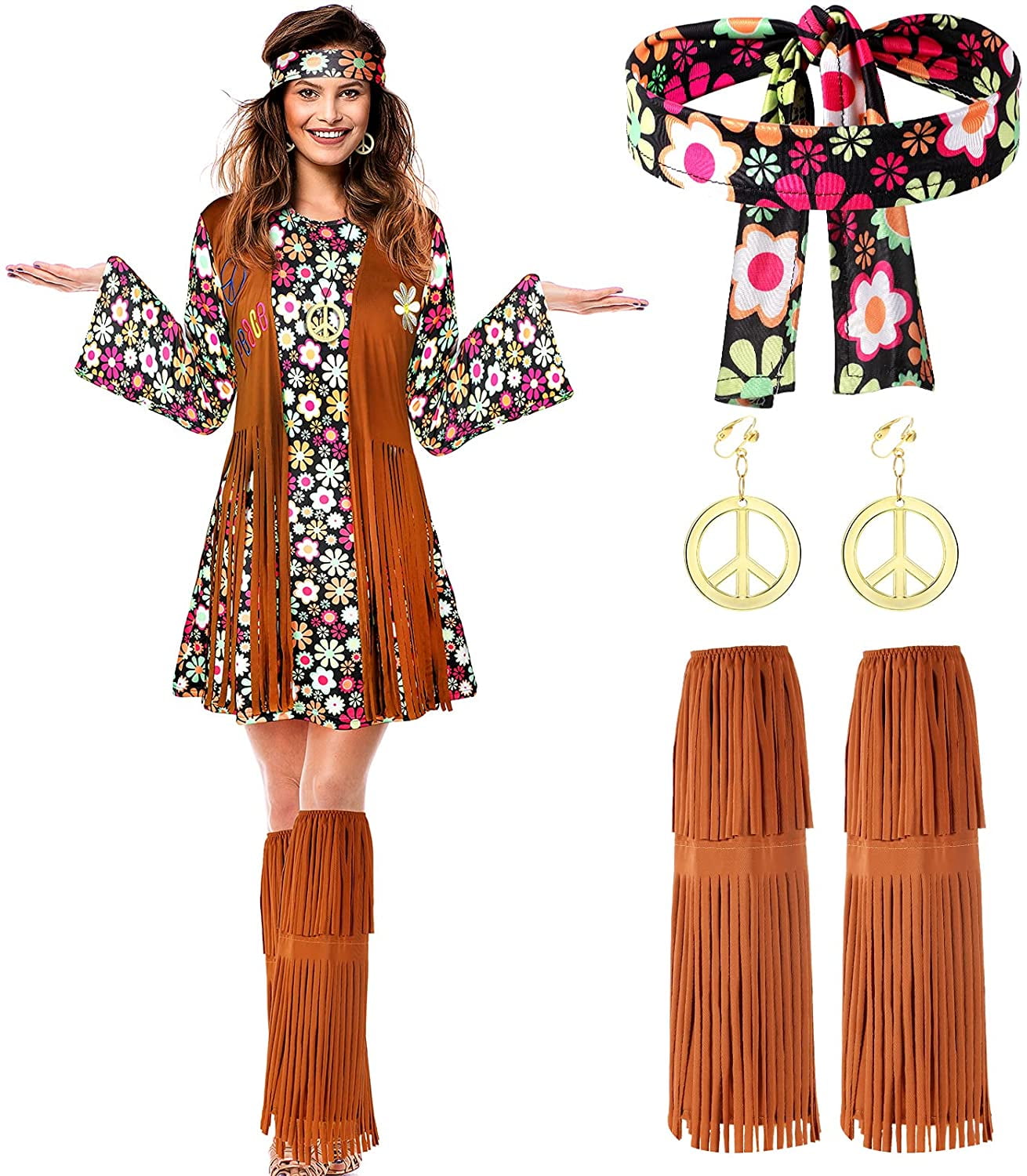 Mingshuo 70s 60s Hippie Costume Set 70s Outfits Accessories for ...