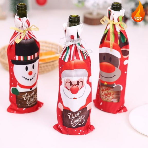Mingtawn Christmas Wine Gift Bags, 3 Pcs Wine Bottle Bags with Drawstring, Tag & Rope, Reusable Xmas Wine Bottle Covers for Xmas, Holiday Party, Home Storage
