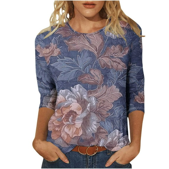 Mingw 2XL Summer Print Womens Casual Pullover Tee 3/4 Length Sleeve Tops Shirts Comfy Timeless Tunic Blouses