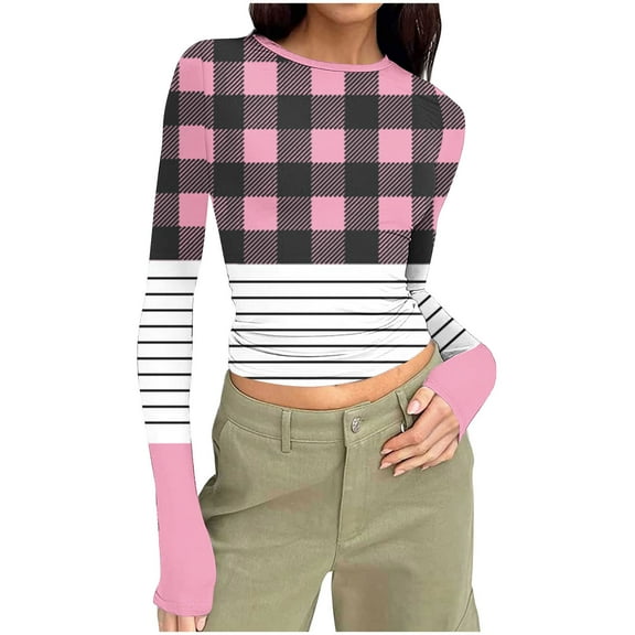 Mingw 3XL Checkerboard Long Sleeve Shirts for Women Crewneck Tunic Tops Teen Girls Color Block Blouses Fall Pullover