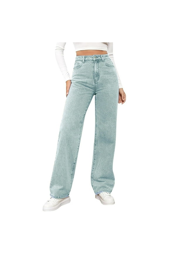 Barrel Leg Jeans for Women High Rise Straight Leg Trousers Ultra Stretchy Loose Fit Pants,Light Blue,S