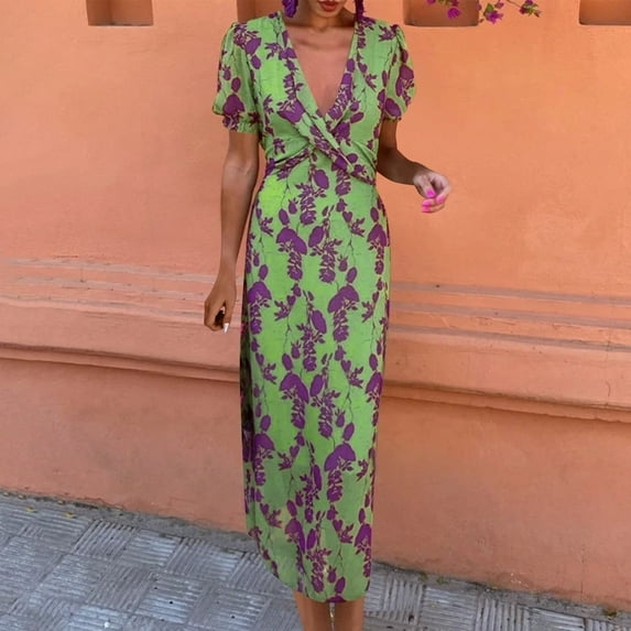 Mingw Beach Vacation Clothes for Women Women Summer Bohemian Floral Casual Wrap V Neck Ruffle Cap Sleeveless Belt A-Line Pleated Hem Midi Sun Dress