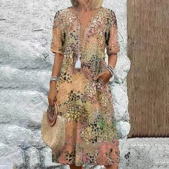 Mingw Beach Vacation Clothes for Women Women's Summer Casual Dresses 2025 Spring Puff Sleeve V Neck A Line Flowy Boho Floral Smocked Midi Dress